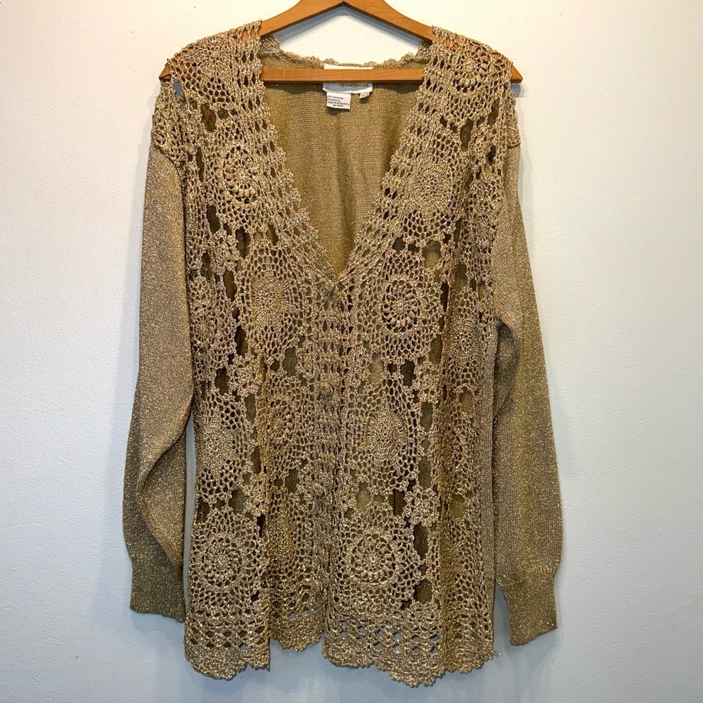 Lilly Of California Vintage Open Knit Gold Metallic Crochet Cardigan Sweater